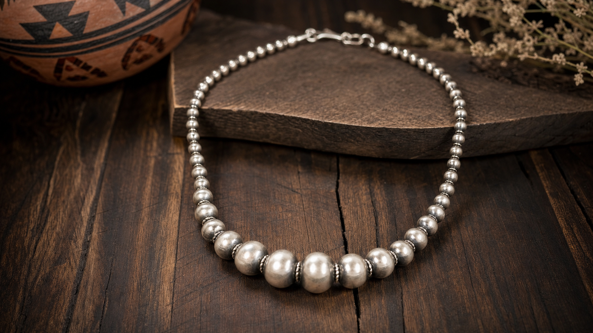 Navajo pearl necklace on rustic wood