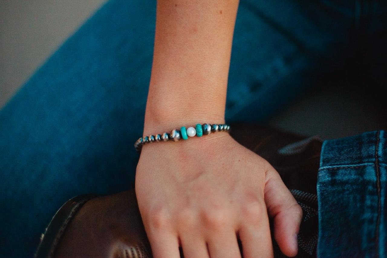 The Bluebird turquoise, freshwater pearl, and sterling silver bracelet