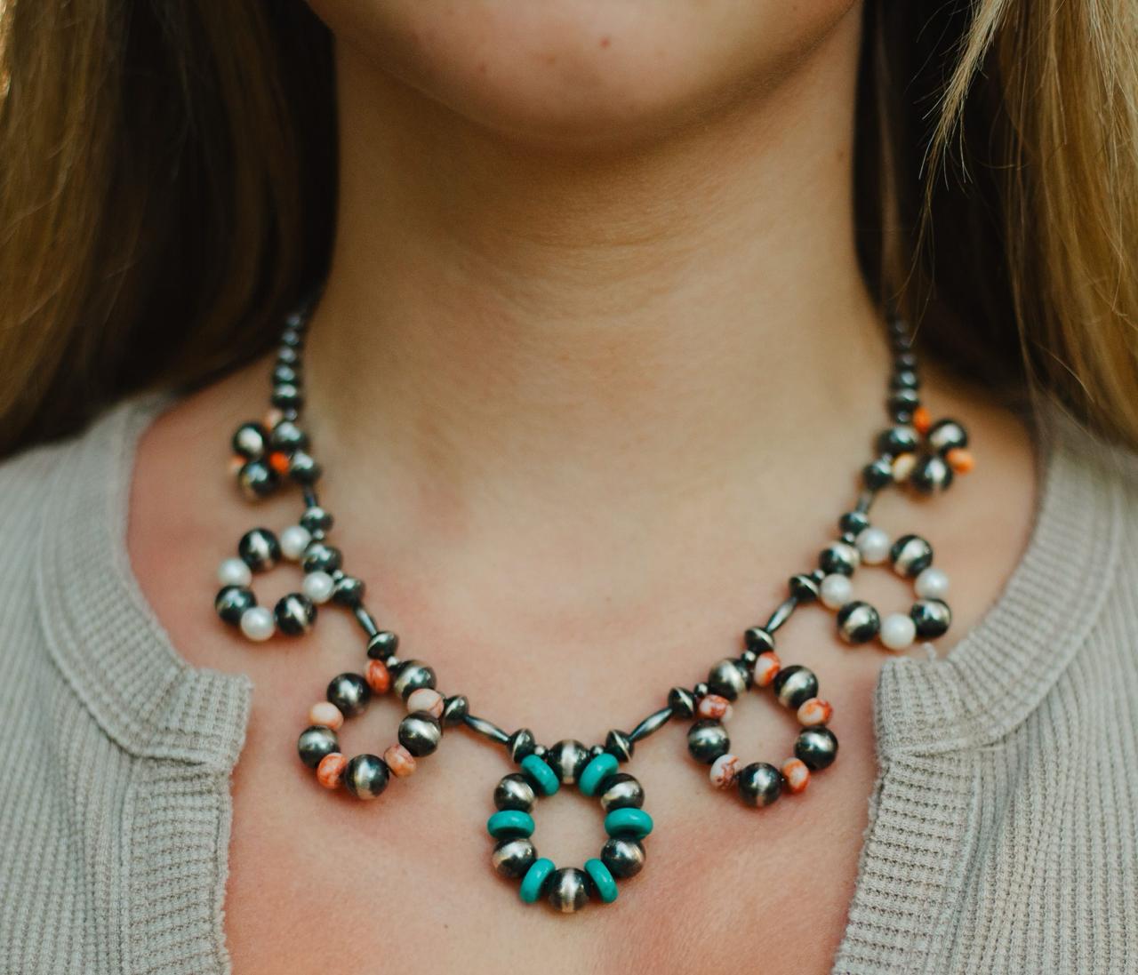 The Tumbleweed seven-flower sterling silver and colorful stone necklace