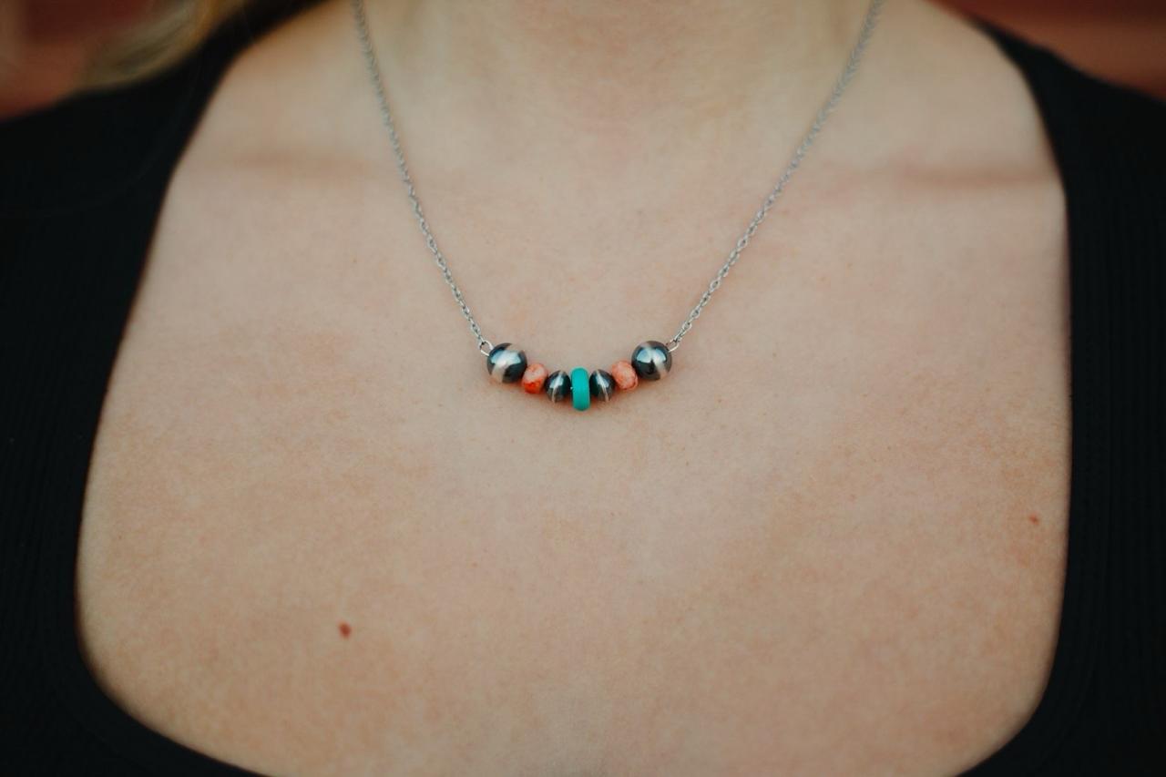 The Turnpike Bar sterling silver, turquoise, and pink zebra jasper necklace