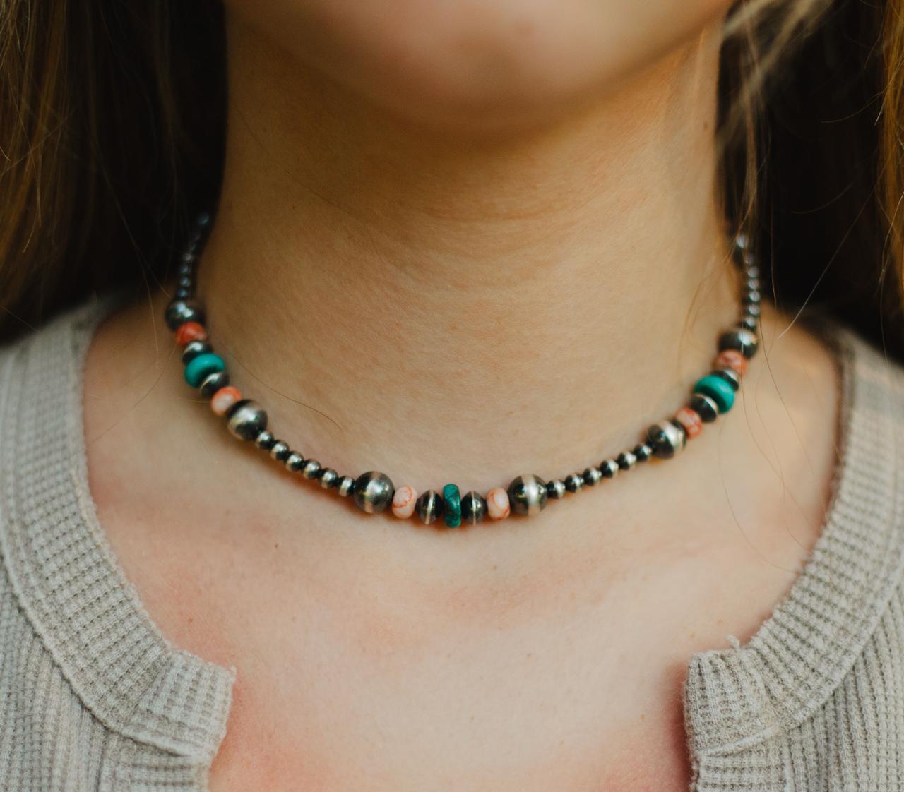 The Turnpike turquoise, pink jasper, and sterling silver statement necklace
